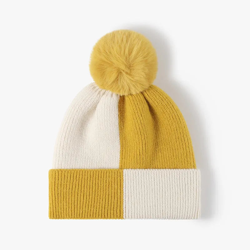 Fashorio Yellow / One Size Color Block Knit Hat with Pom-pom