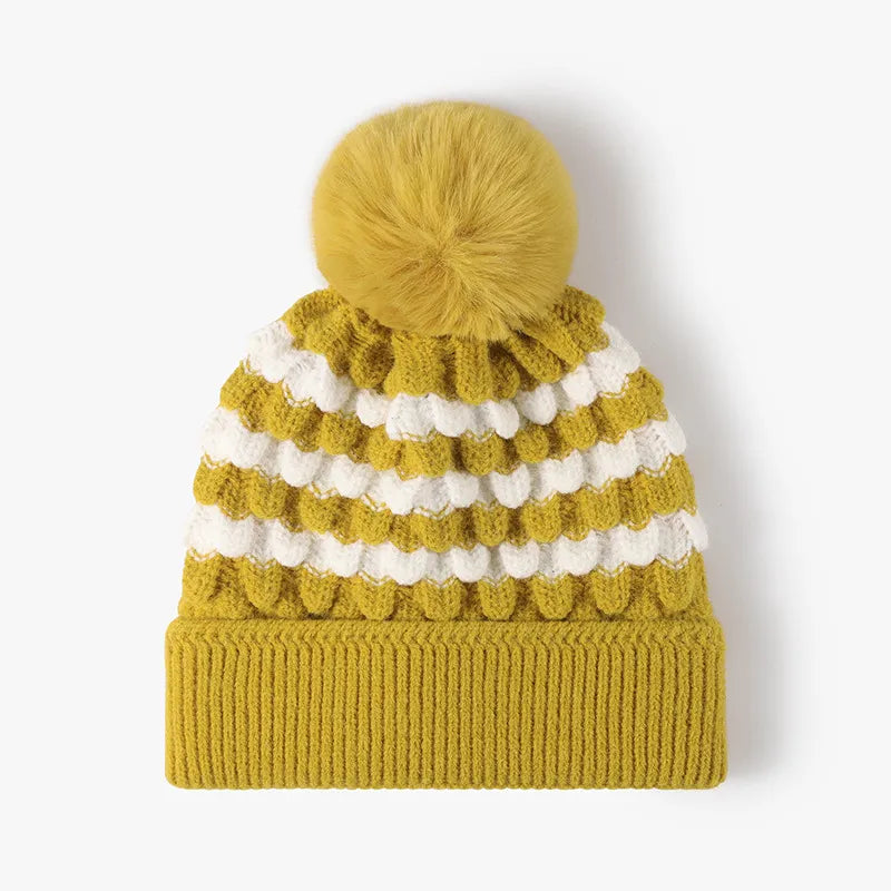 Fashorio Yellow / One Size Striped Contrast Knit Hat with Pom-pom
