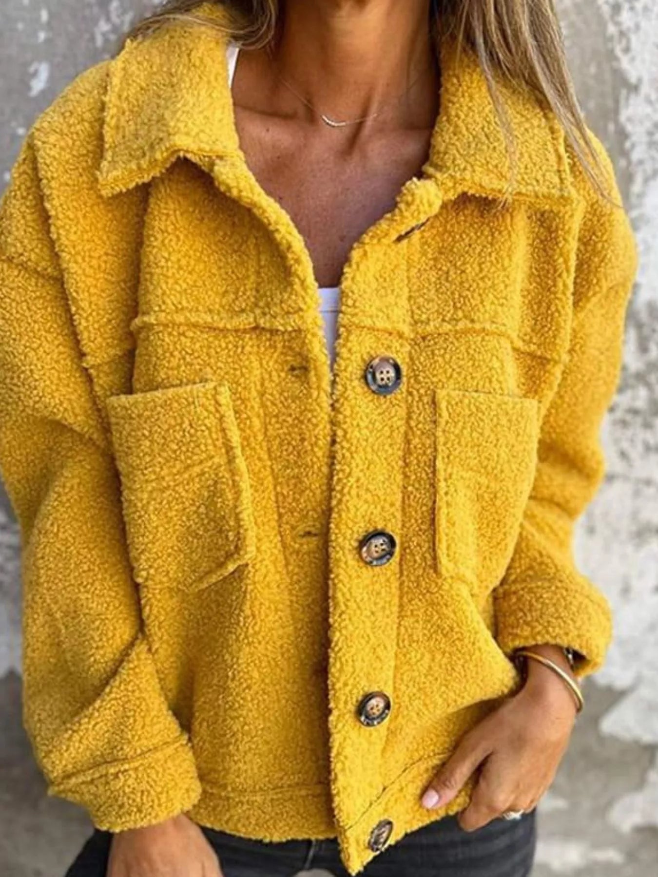 Fashorio Yellow / S Full Size Single-Breasted Sherpa Shacket Plus Size