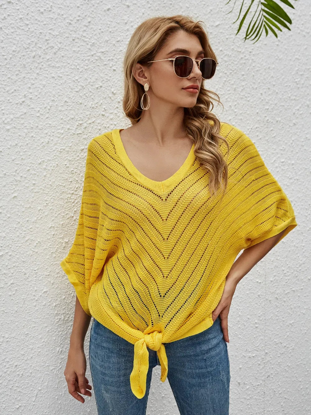 Fashorio Yellow / S Openwork Batwing Sleeve Cover-Up
