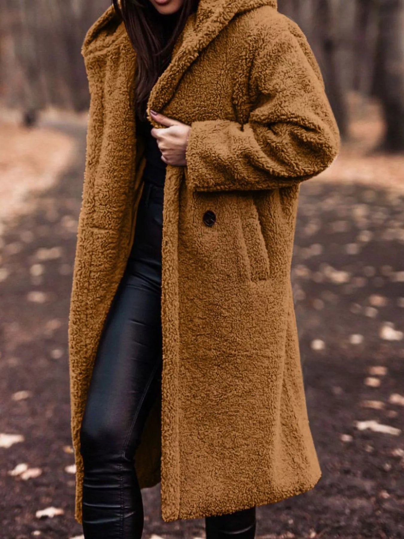 Fashorio Yellowish Brown / S Teddy Bear Hooded Longline Outerwear