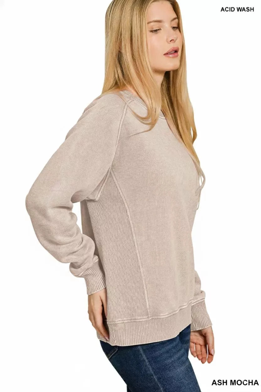 Fashorio Zenana Acid Washed Fleece Sweatshirt with Side Rib