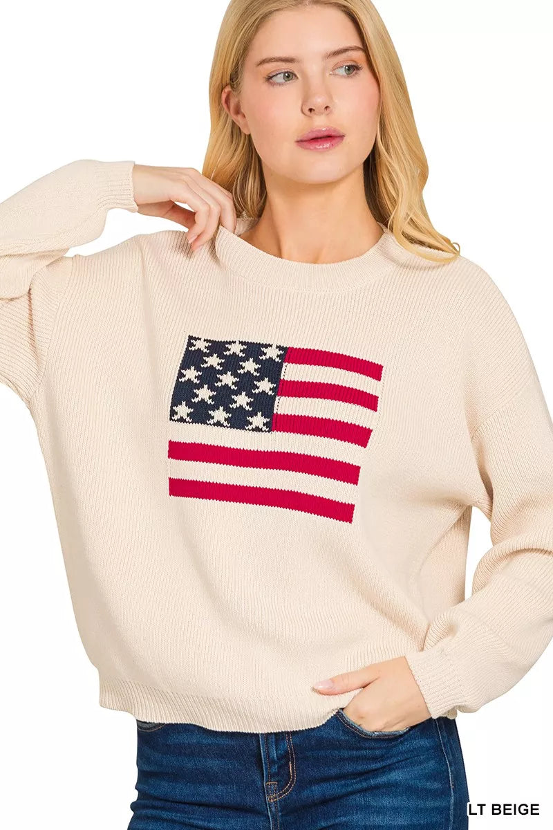 Fashorio Zenana American Flag Crew Neck Sweater
