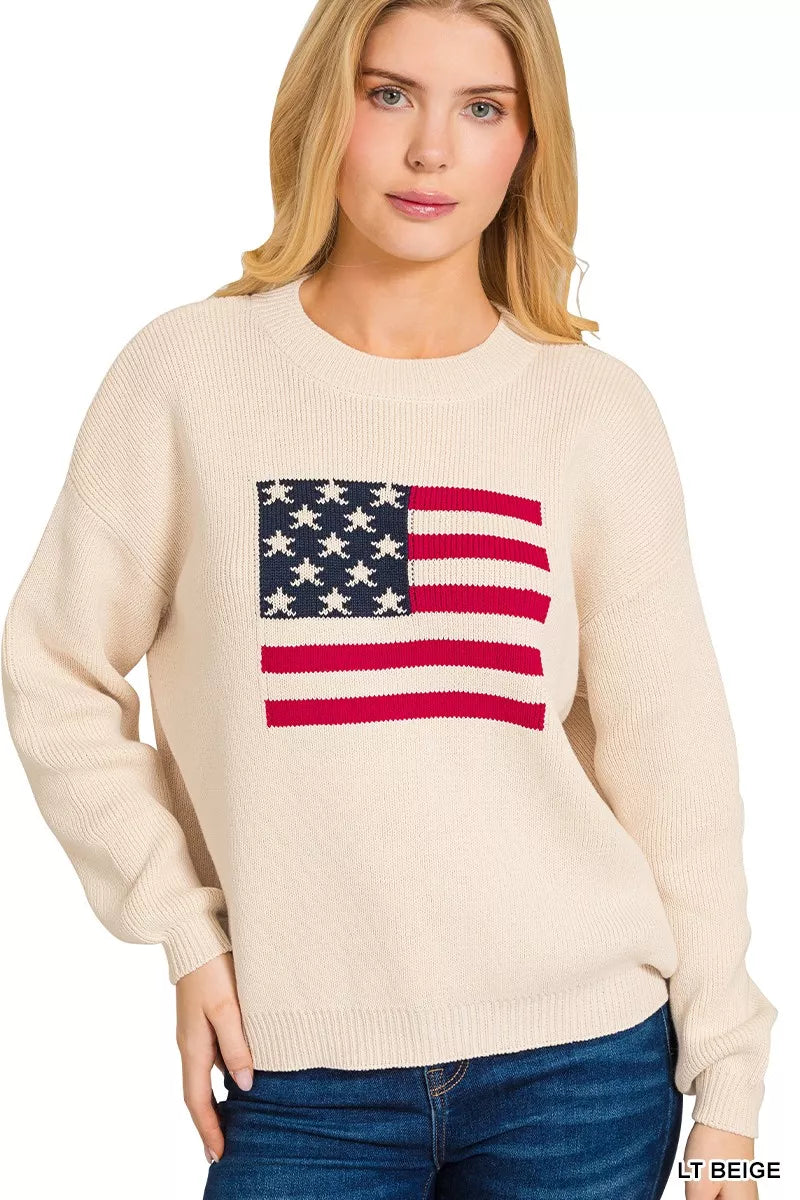 Fashorio Zenana American Flag Crew Neck Sweater
