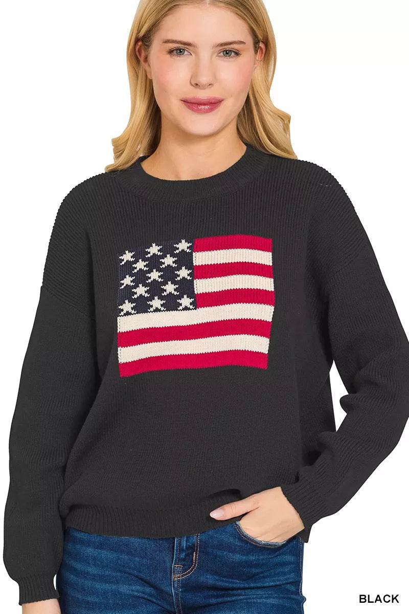 Fashorio Zenana American Flag Crew Neck Sweater