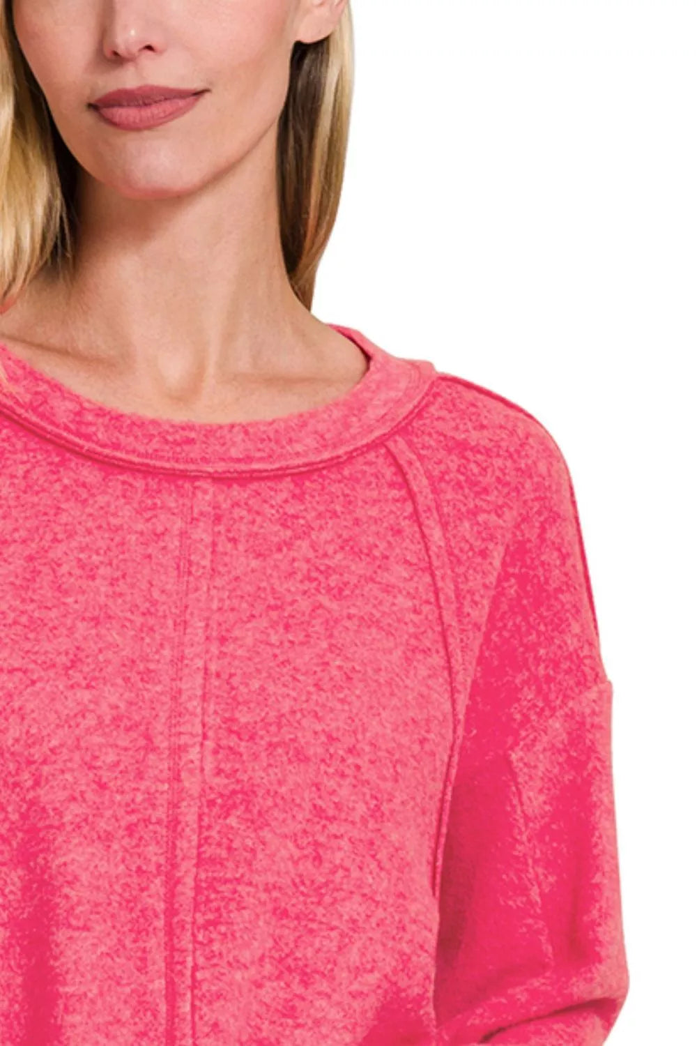 Fashorio Zenana Brushed Hacci Exposed Seam Hi Low Sweater