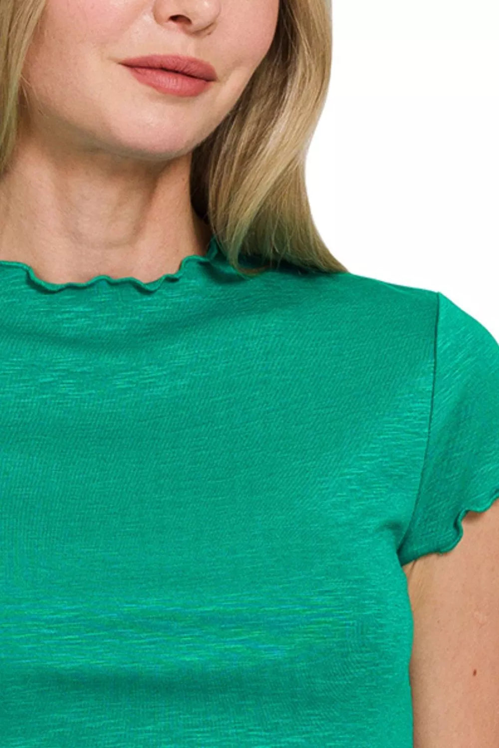 Fashorio Zenana Cotton Modal Slub Lettuce Trimmed Cropped T-Shirt