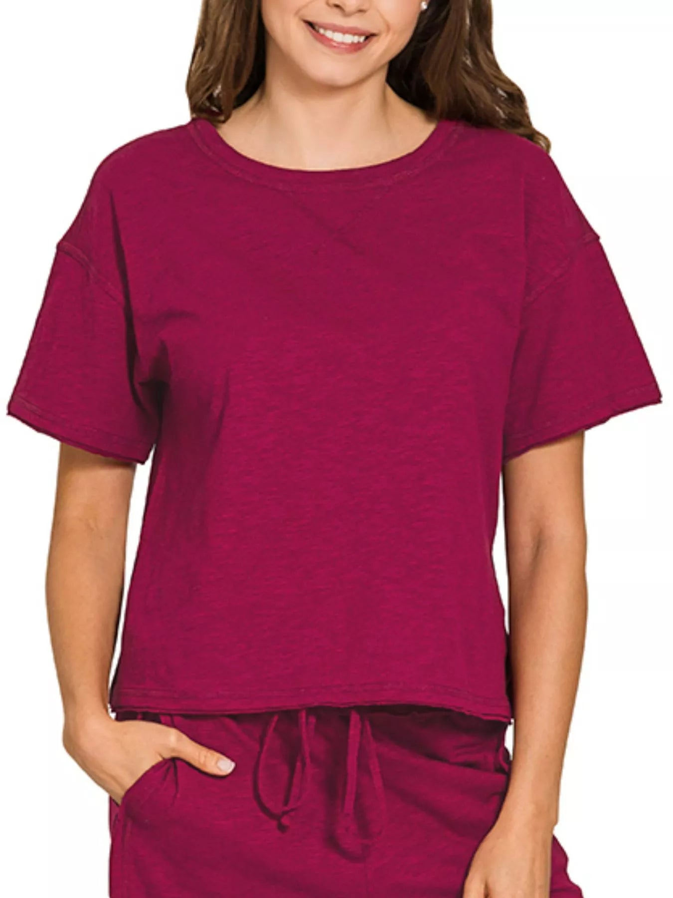 Fashorio Zenana Cotton Slub Short Sleeve Tee and Pants Set