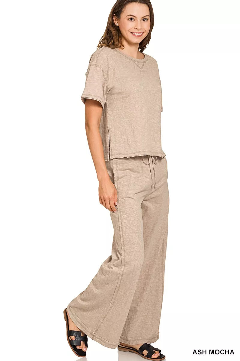Fashorio Zenana Cotton Slub Short Sleeve Tee and Pants Set