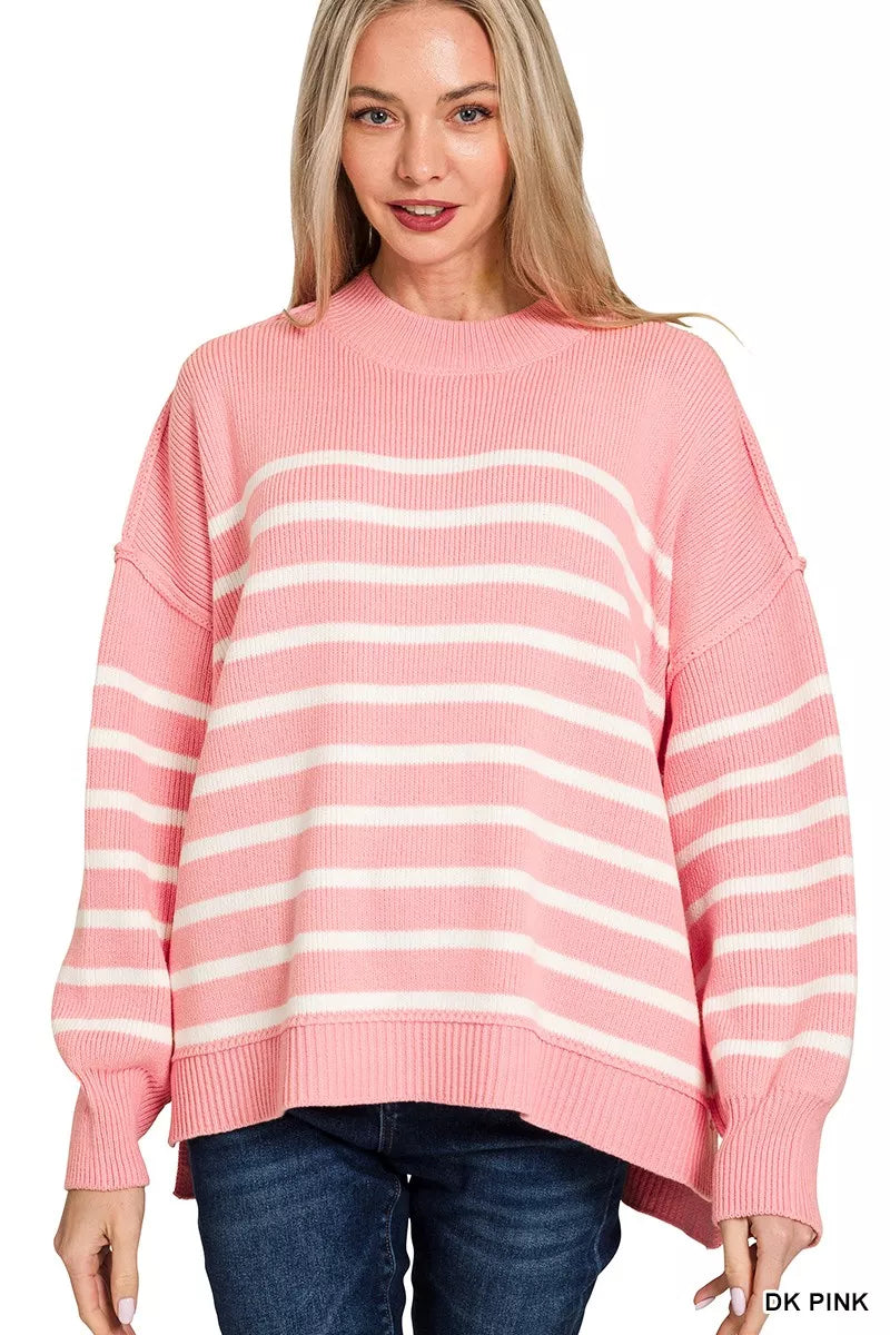 Fashorio Zenana Exposed Seam Striped Oversized Sweater