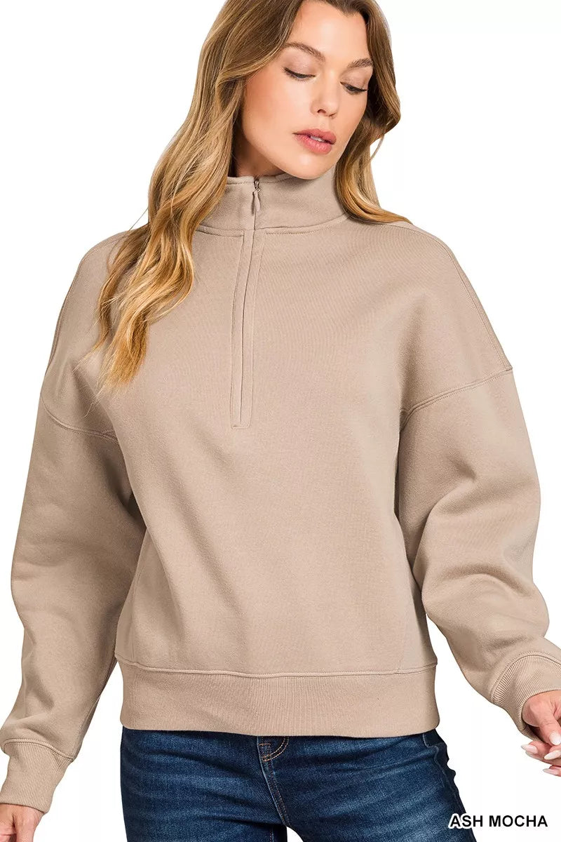 Fashorio Zenana Fleece High Neck Half Zip Sweatshirt