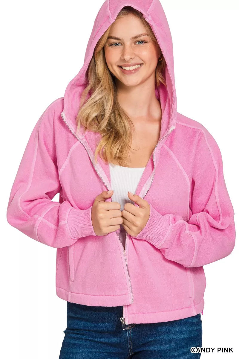 Fashorio Zenana Fleece Pigment Dye Zip Up Hoodie with Pockets
