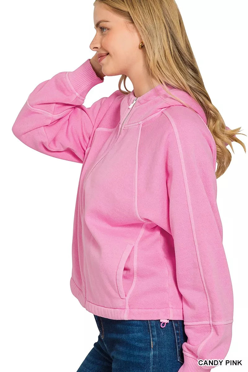 Fashorio Zenana Fleece Pigment Dye Zip Up Hoodie with Pockets