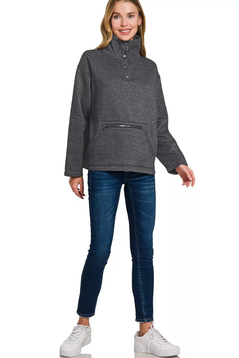 Fashorio Zenana Fleece Washed High Neck Kangaroo Pocket Sweatshirt