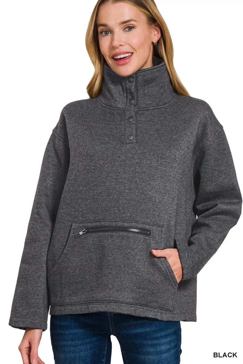 Fashorio Zenana Fleece Washed High Neck Kangaroo Pocket Sweatshirt