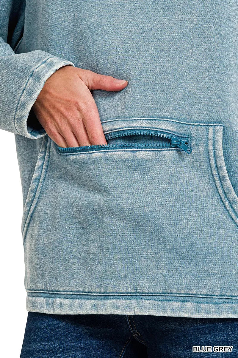 Fashorio Zenana Fleece Washed High Neck Kangaroo Pocket Sweatshirt