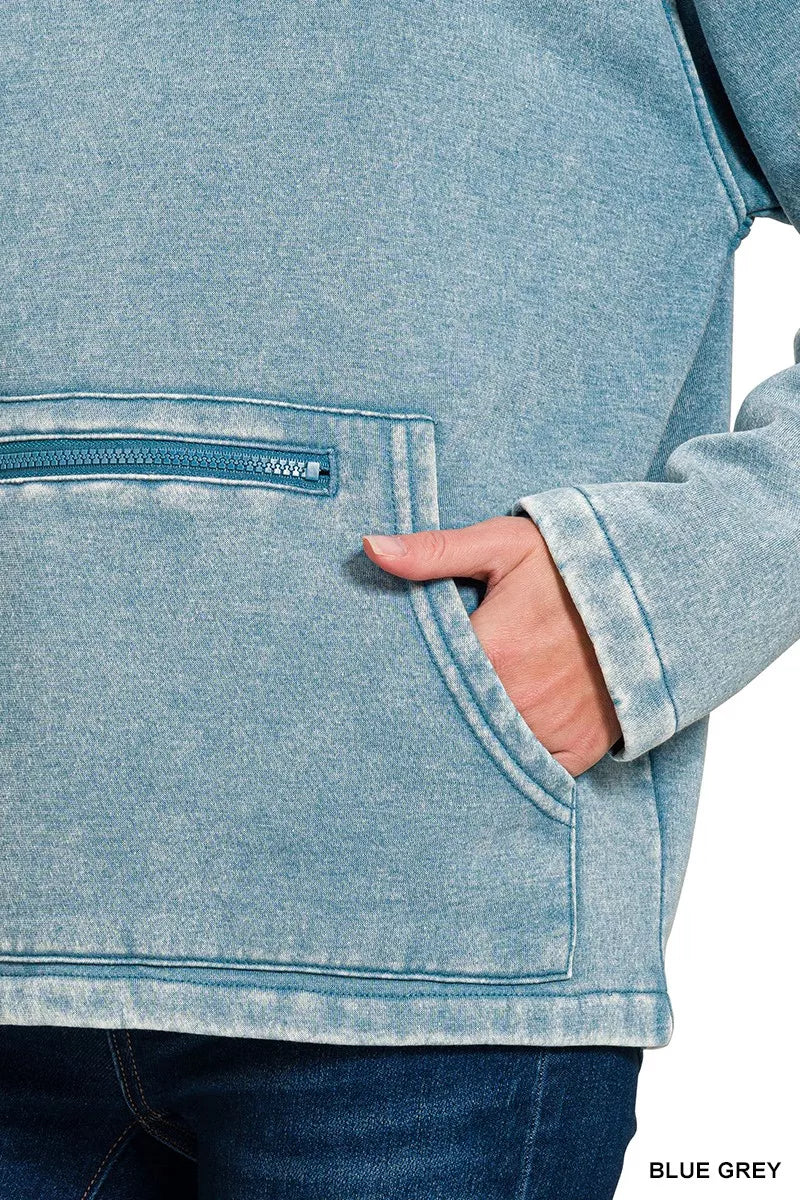 Fashorio Zenana Fleece Washed High Neck Kangaroo Pocket Sweatshirt