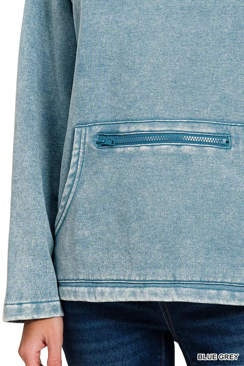 Fashorio Zenana Fleece Washed High Neck Kangaroo Pocket Sweatshirt