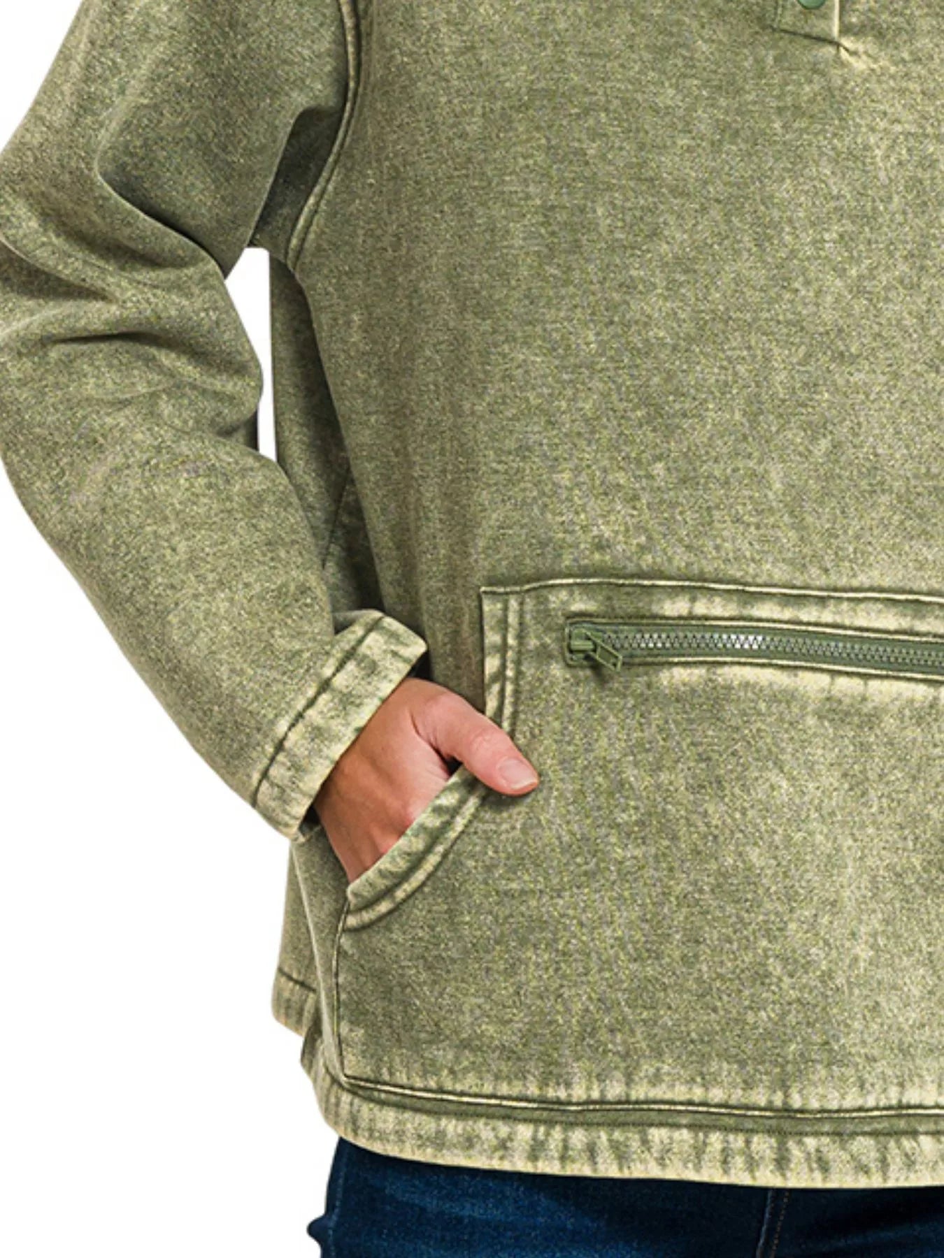 Fashorio Zenana Fleece Washed High Neck Kangaroo Pocket Sweatshirt