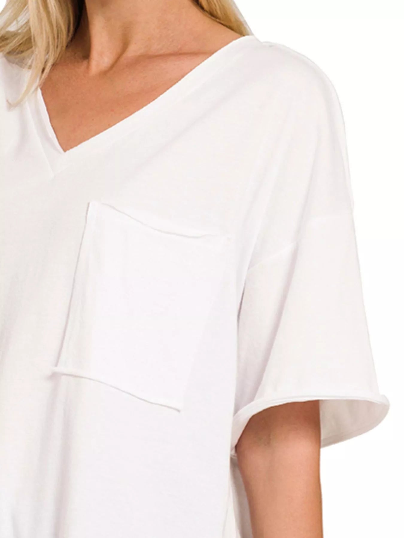 Fashorio Zenana Front Pocket Raw Edge Boyfriend Tee