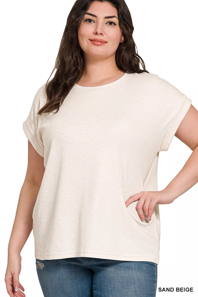 Fashorio Zenana Full Size Cotton Modal Slub Rolled Sleeve T-Shirt Plus Size