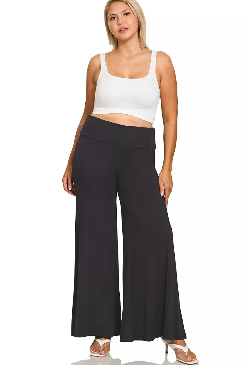 Fashorio Zenana Full Size Fold Over Waist Comfy Wide Leg Pants Plus Size