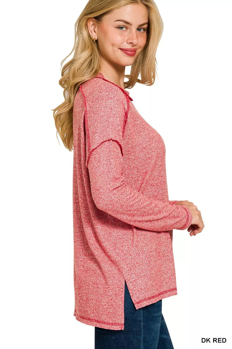 Fashorio Zenana Full Size Melange Hacci Exposed Seam Hi-low Tee Plus Size