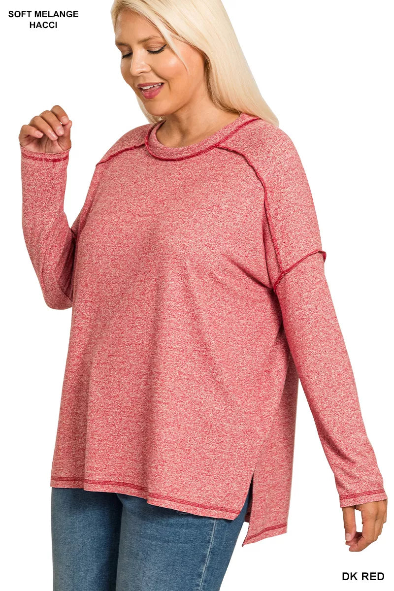 Fashorio Zenana Full Size Melange Hacci Exposed Seam Hi-low Tee Plus Size