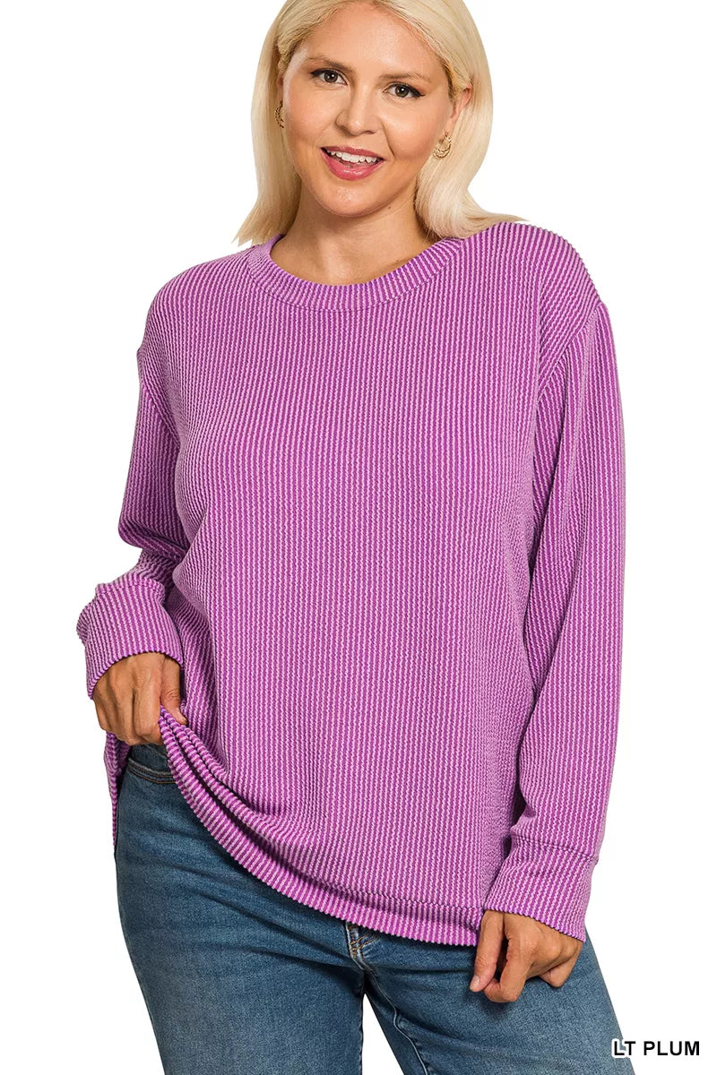 Fashorio Zenana Full Size Raised Rib Round Neck Long Sleeve Top Plus Size
