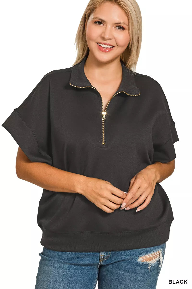 Fashorio Zenana Full Size Scuba High Neck Half Zip Short Sleeve Top Plus Size
