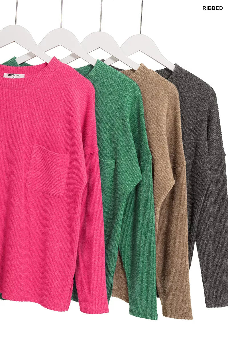 Fashorio Zenana Ribbed Brushed Melange Hacci Sweater with Chest Pocket