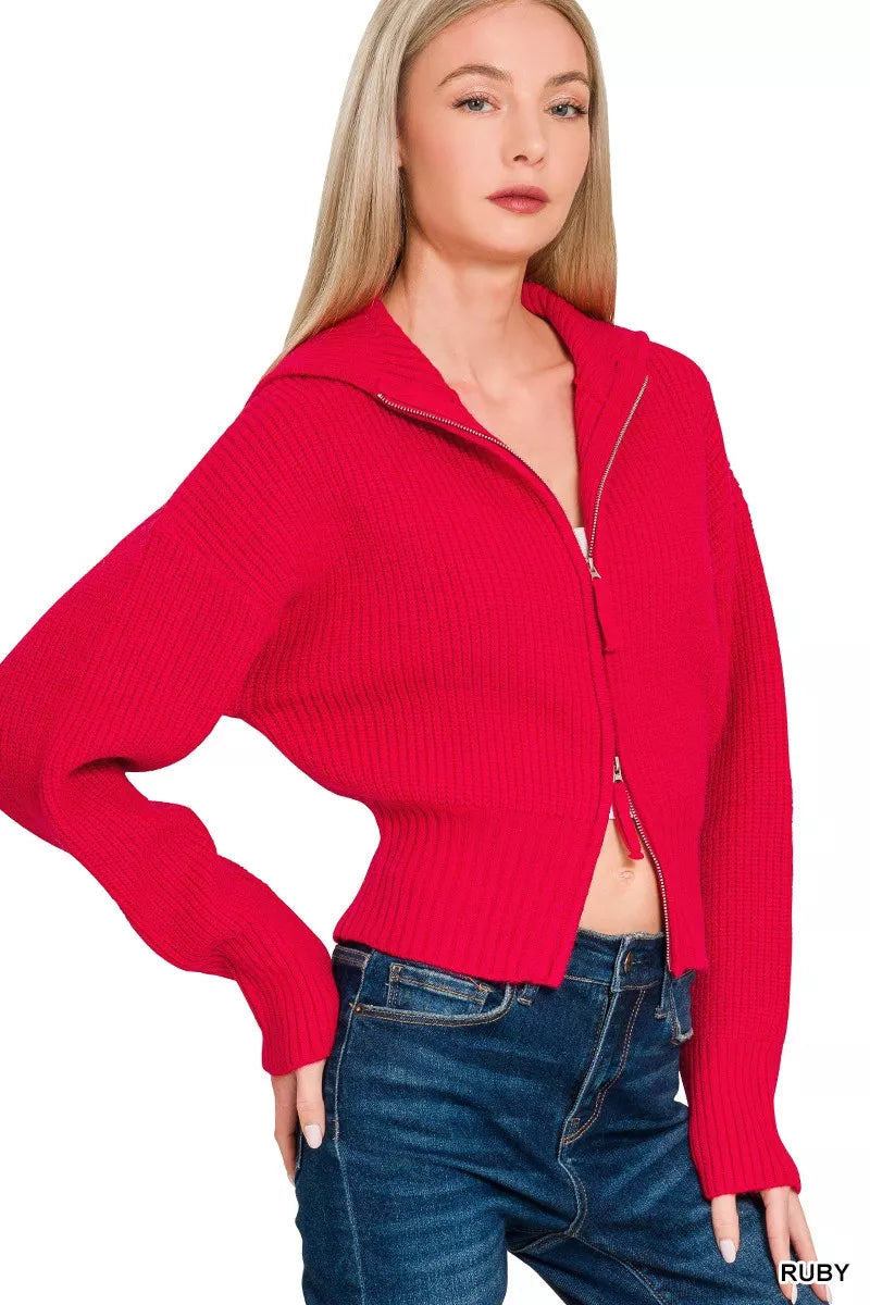 Fashorio Zenana Ribbed Collared Zip Up Sweater Cardigan