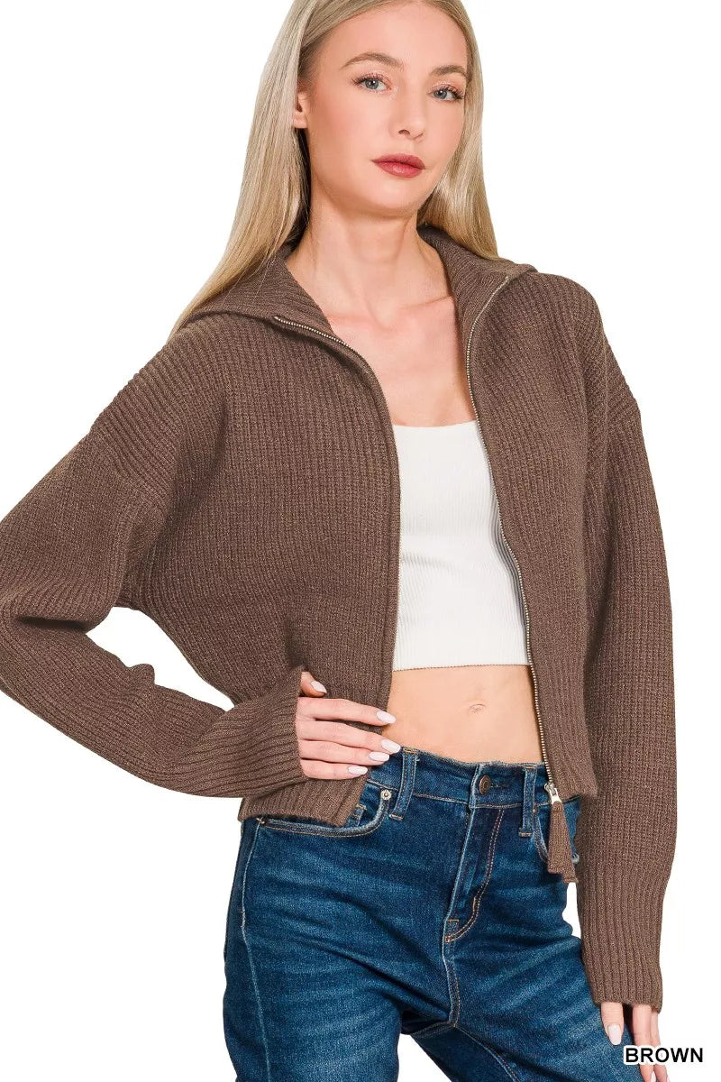 Fashorio Zenana Ribbed Collared Zip Up Sweater Cardigan