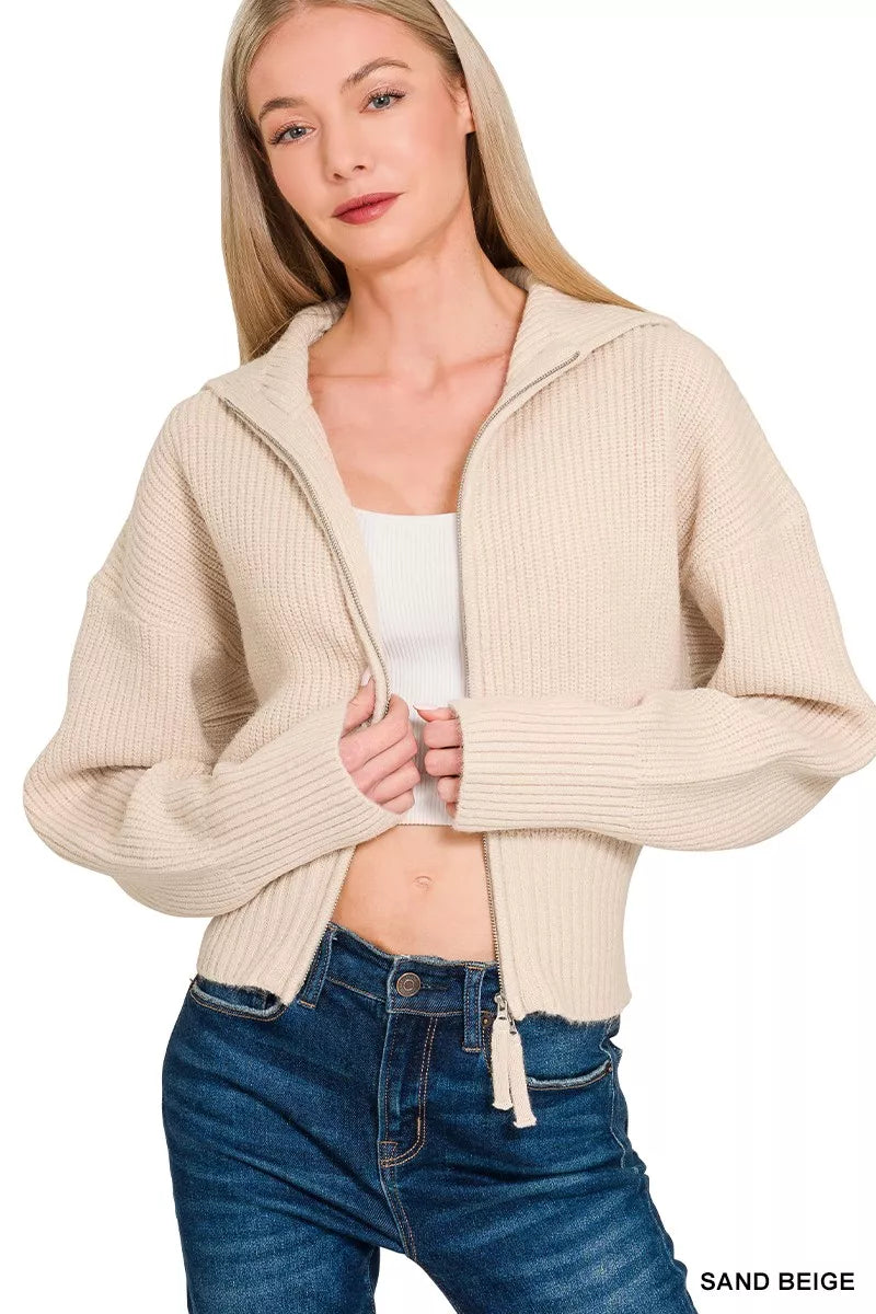 Fashorio Zenana Ribbed Collared Zip Up Sweater Cardigan