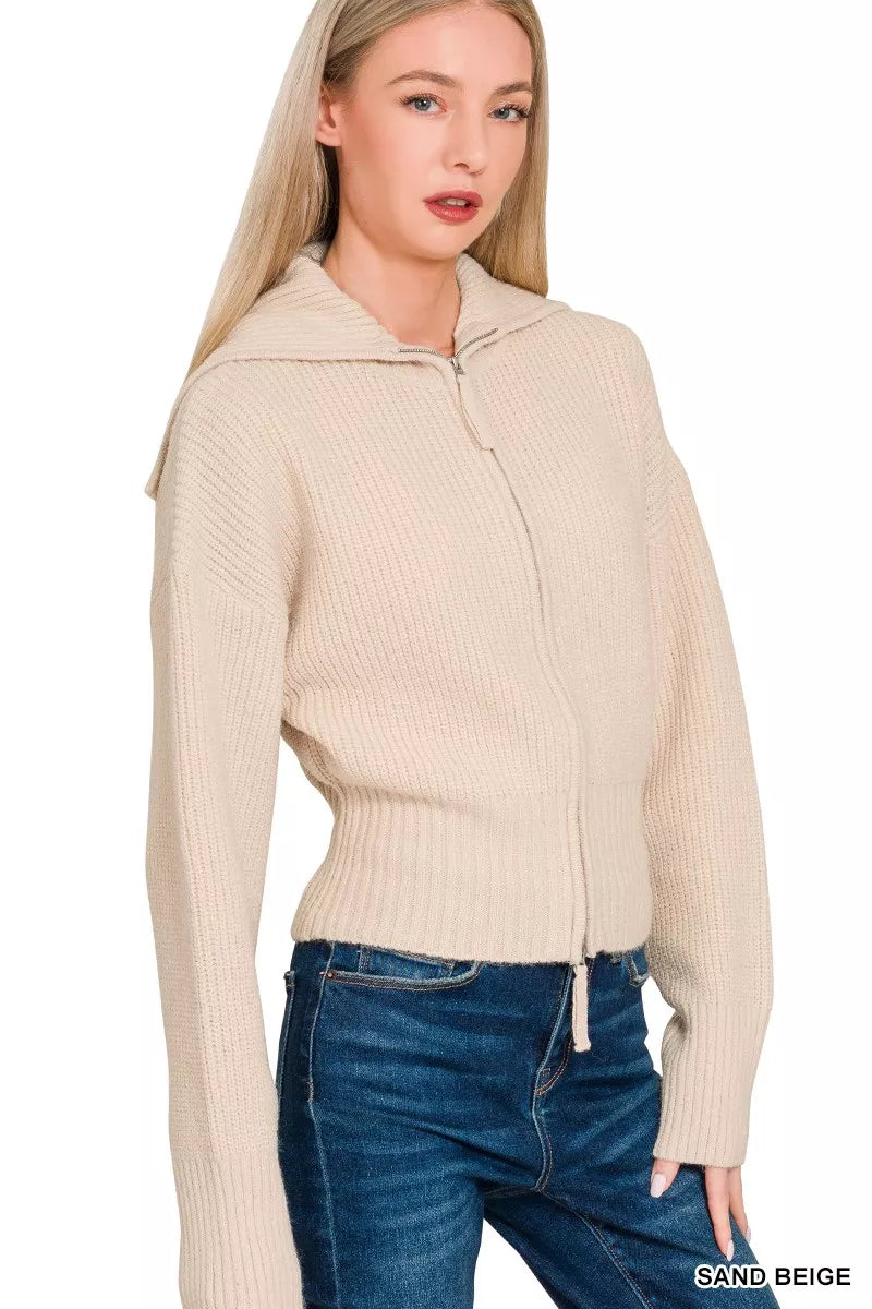 Fashorio Zenana Ribbed Collared Zip Up Sweater Cardigan