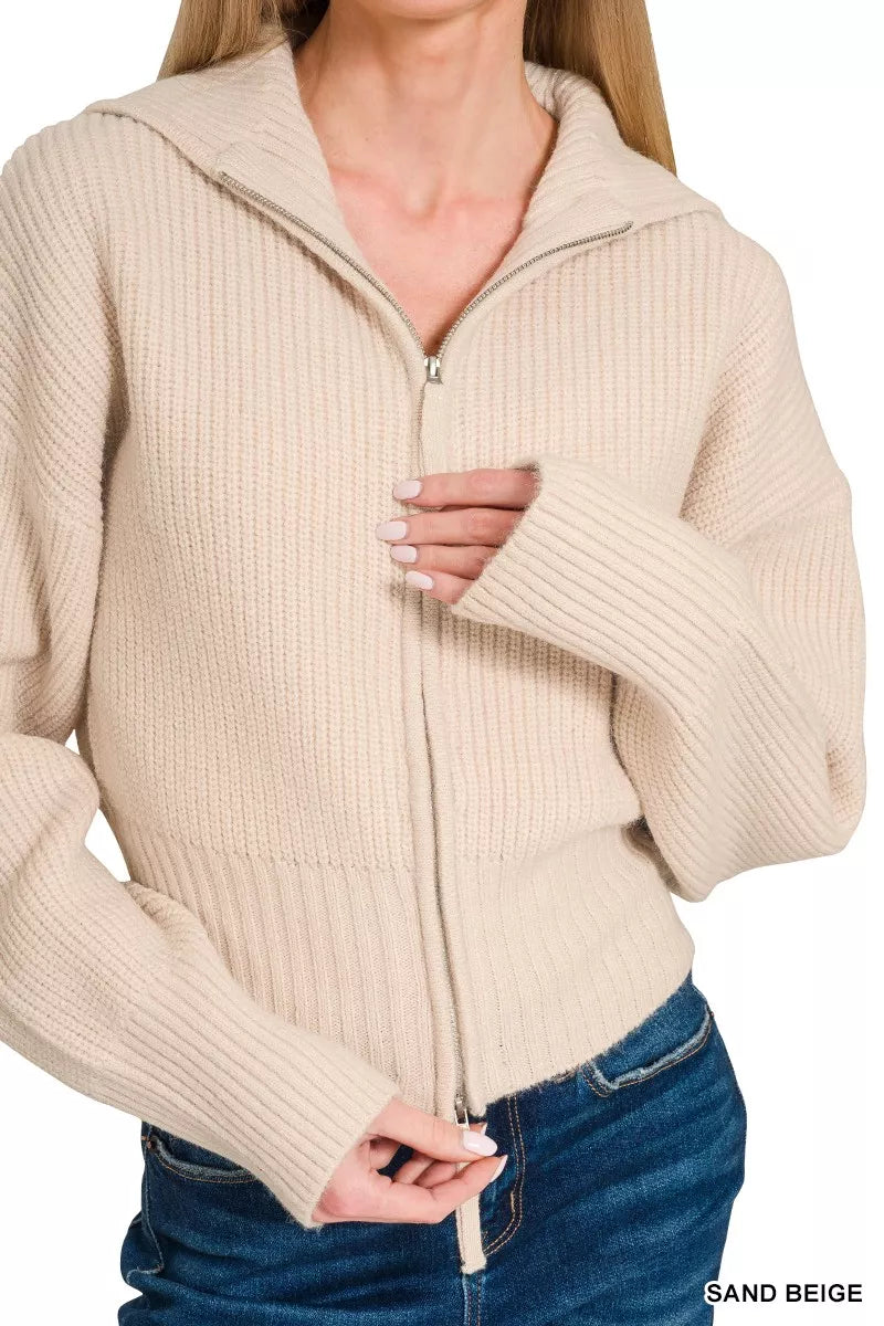 Fashorio Zenana Ribbed Collared Zip Up Sweater Cardigan