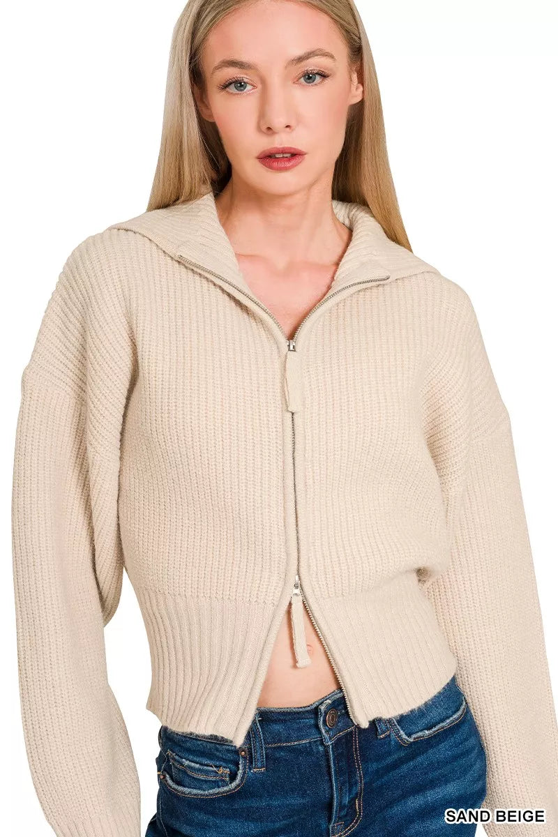 Fashorio Zenana Ribbed Collared Zip Up Sweater Cardigan