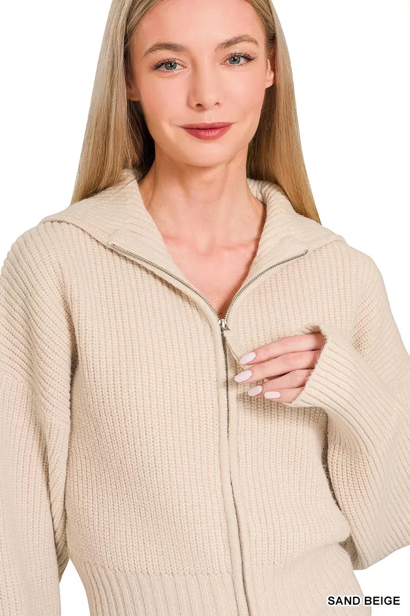 Fashorio Zenana Ribbed Collared Zip Up Sweater Cardigan