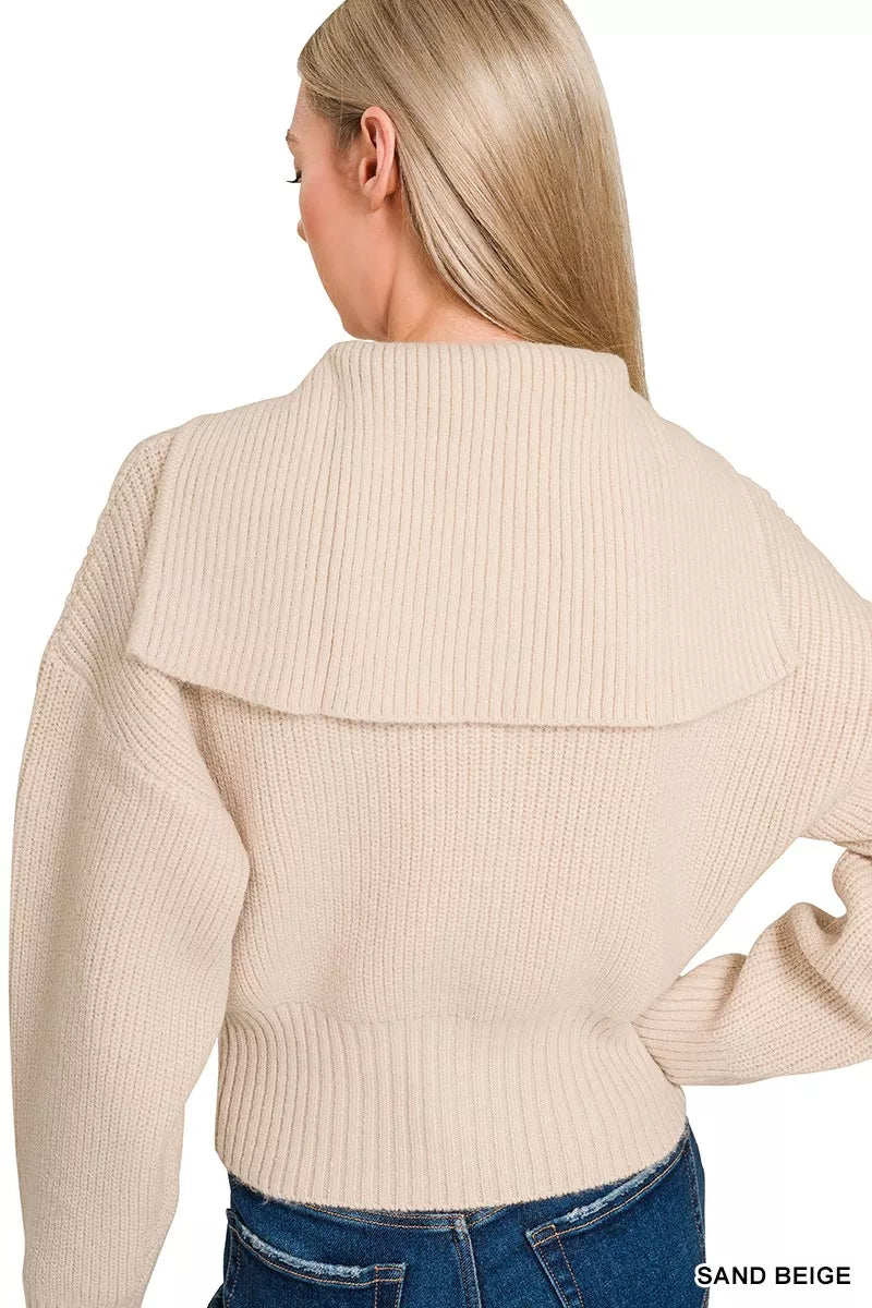 Fashorio Zenana Ribbed Collared Zip Up Sweater Cardigan