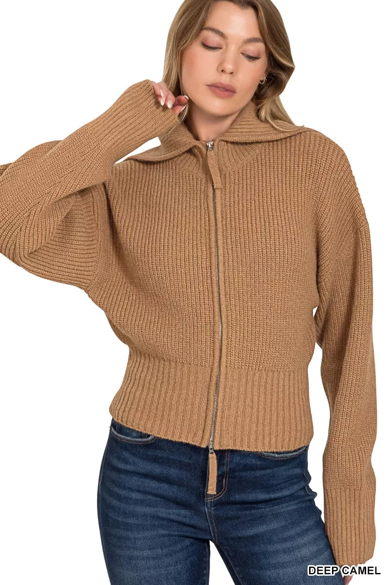 Fashorio Zenana Ribbed Collared Zip Up Sweater Cardigan