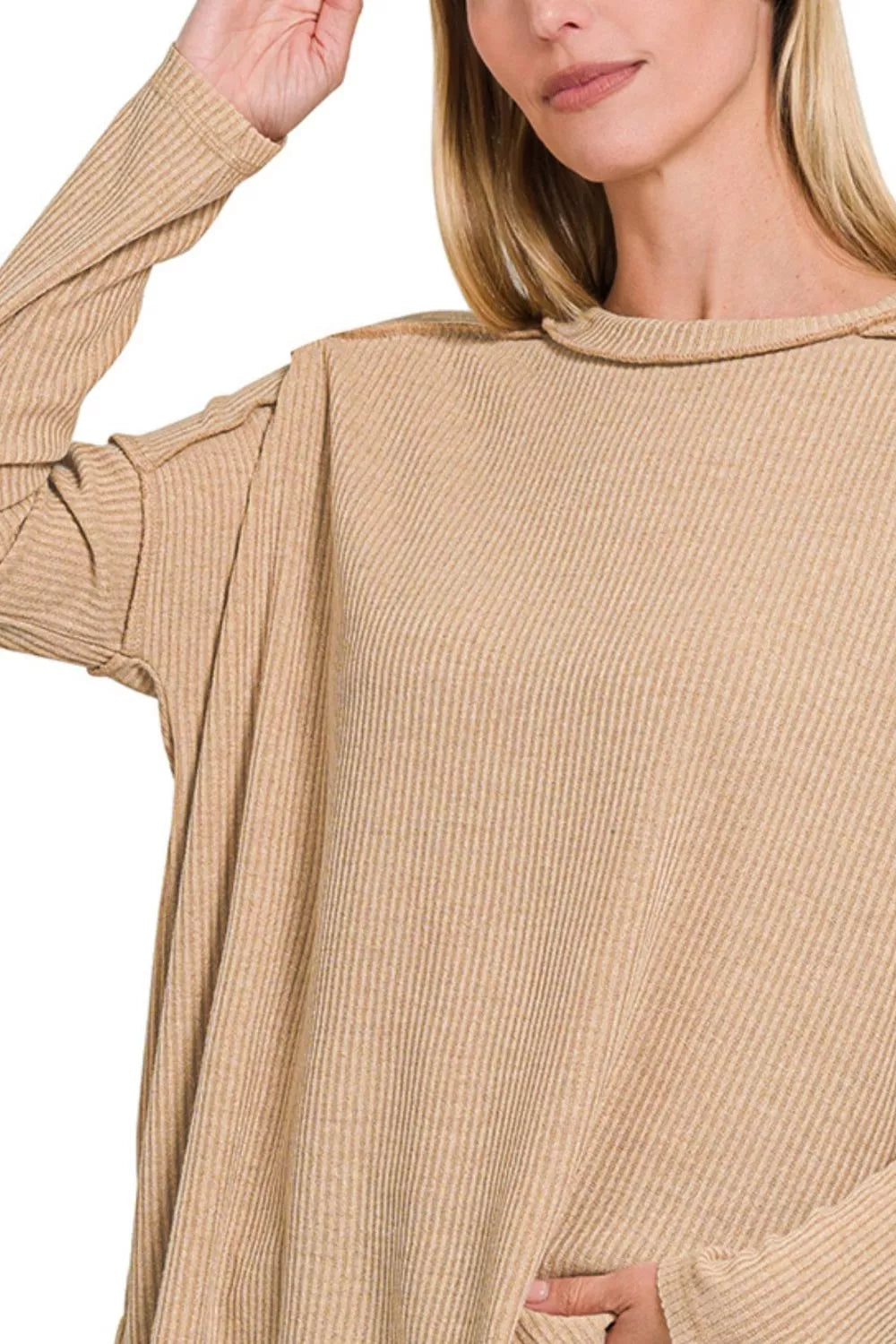 Fashorio Zenana Ribbed Drop Shoulder Round Neck Sweater