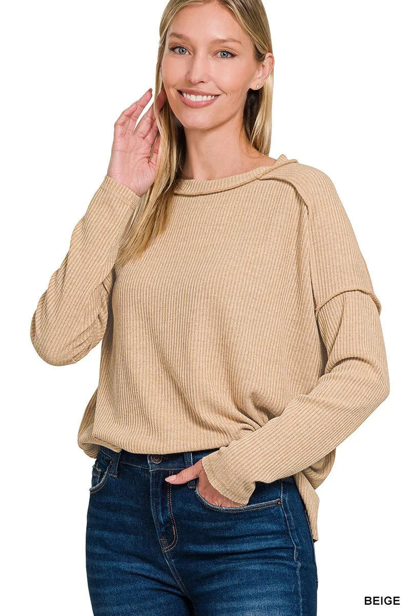 Fashorio Zenana Ribbed Drop Shoulder Round Neck Sweater