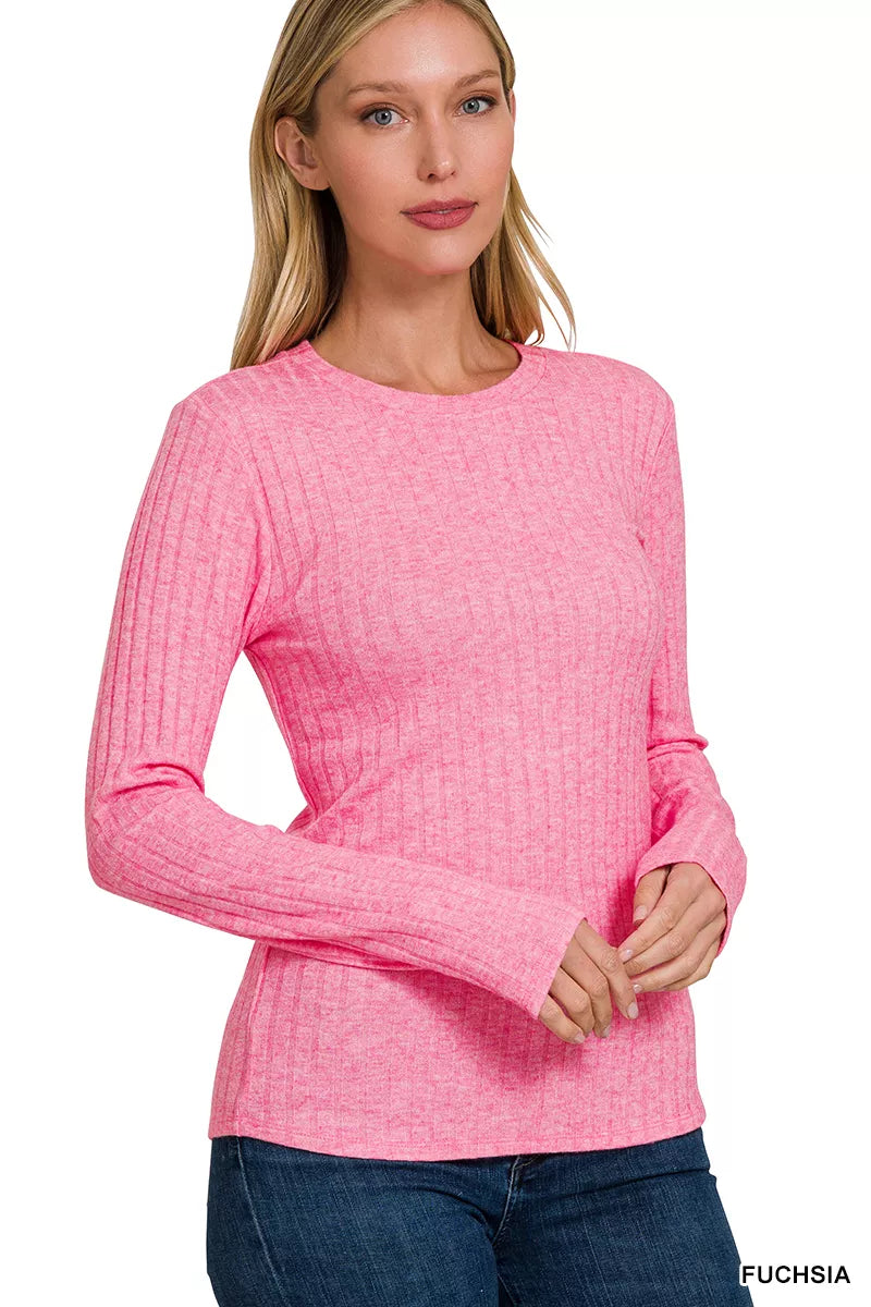 Fashorio Zenana Ribbed Long Sleeve Round Neck T-Shirt