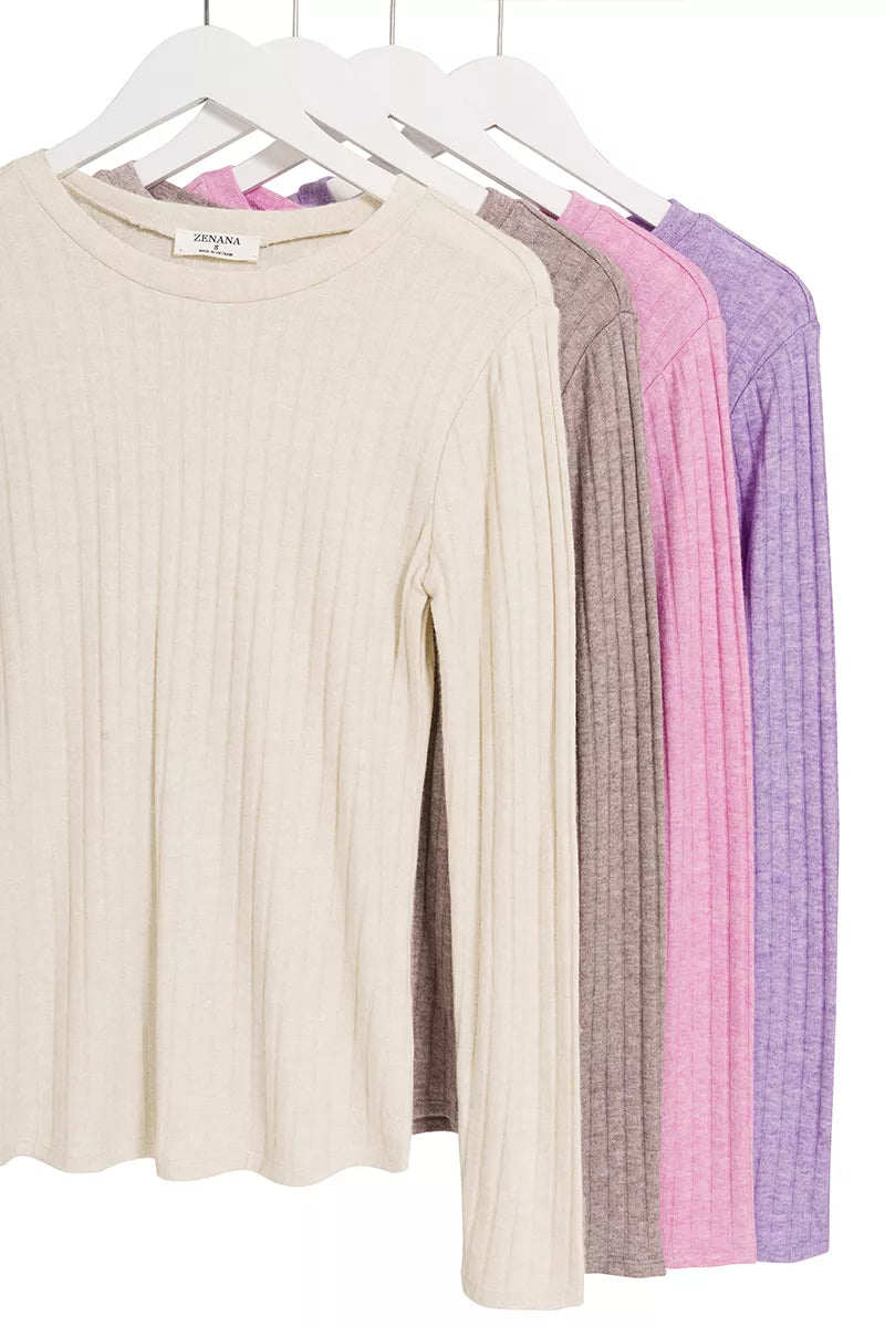 Fashorio Zenana Ribbed Long Sleeve Round Neck T-Shirt