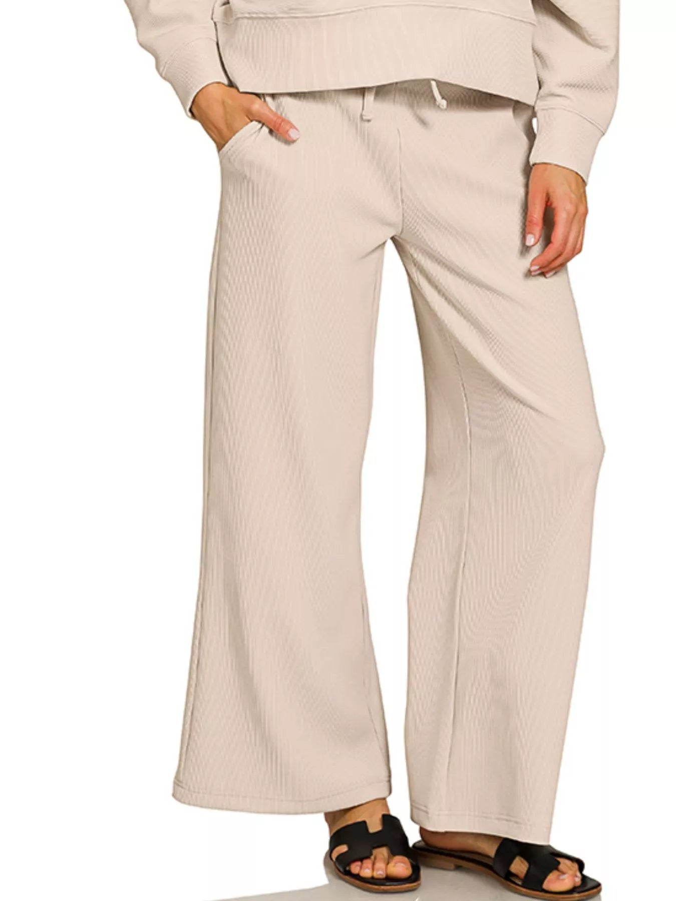 Fashorio Zenana Ribbed Round Neck Pullover and Drawstring Pants Set