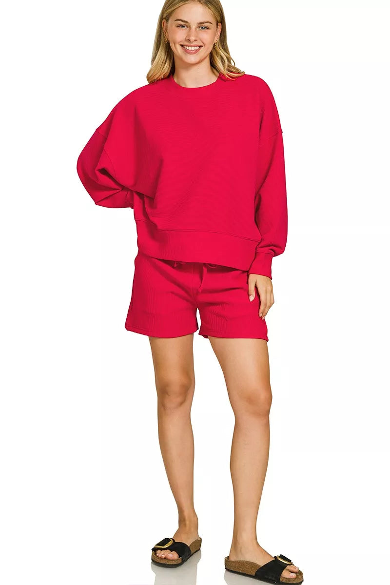 Fashorio Zenana Ribbed Round Neck Pullover and Shorts Set