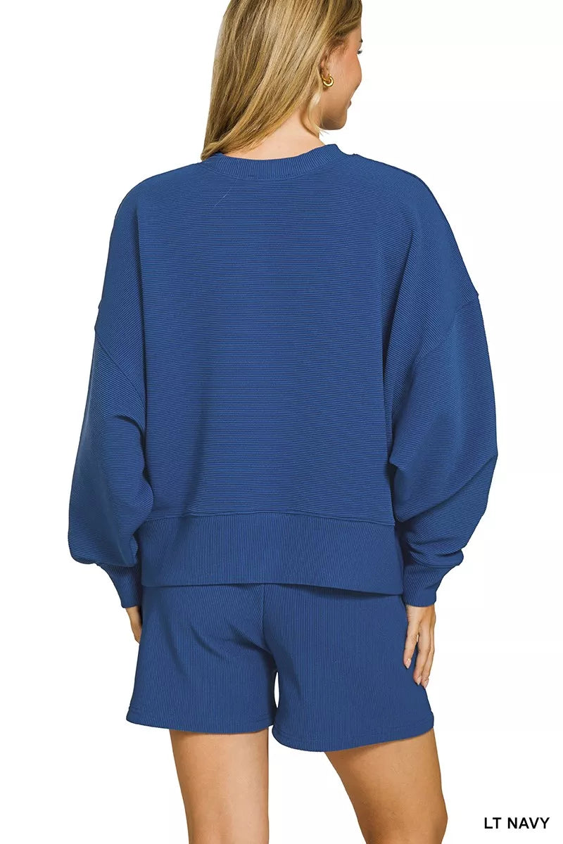 Fashorio Zenana Ribbed Round Neck Pullover and Shorts Set