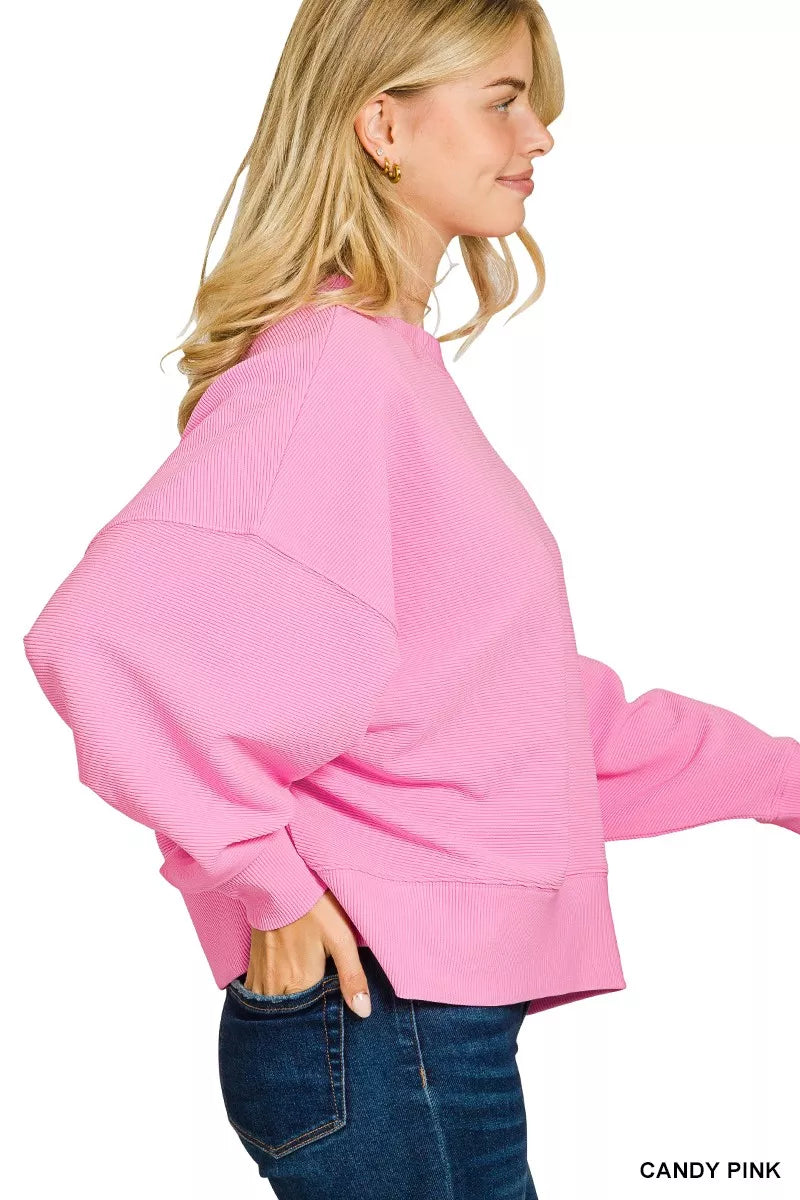 Fashorio Zenana Ribbed Round Neck Pullover and Shorts Set