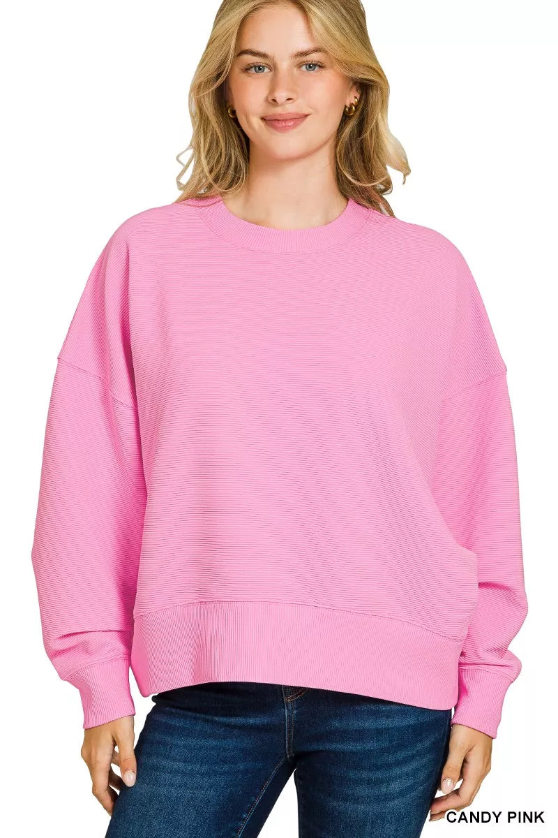 Fashorio Zenana Ribbed Round Neck Pullover and Shorts Set