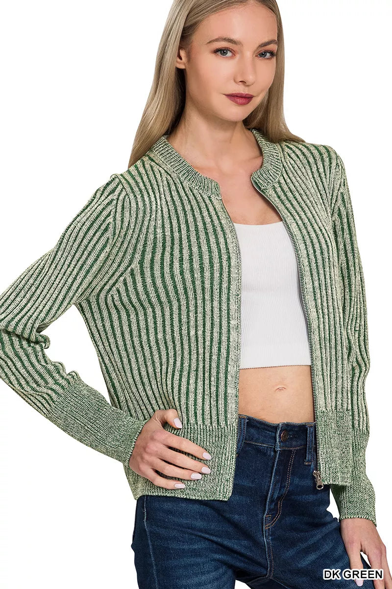 Fashorio Zenana Ribbed Two Tone Zip Up Sweater Cardigan